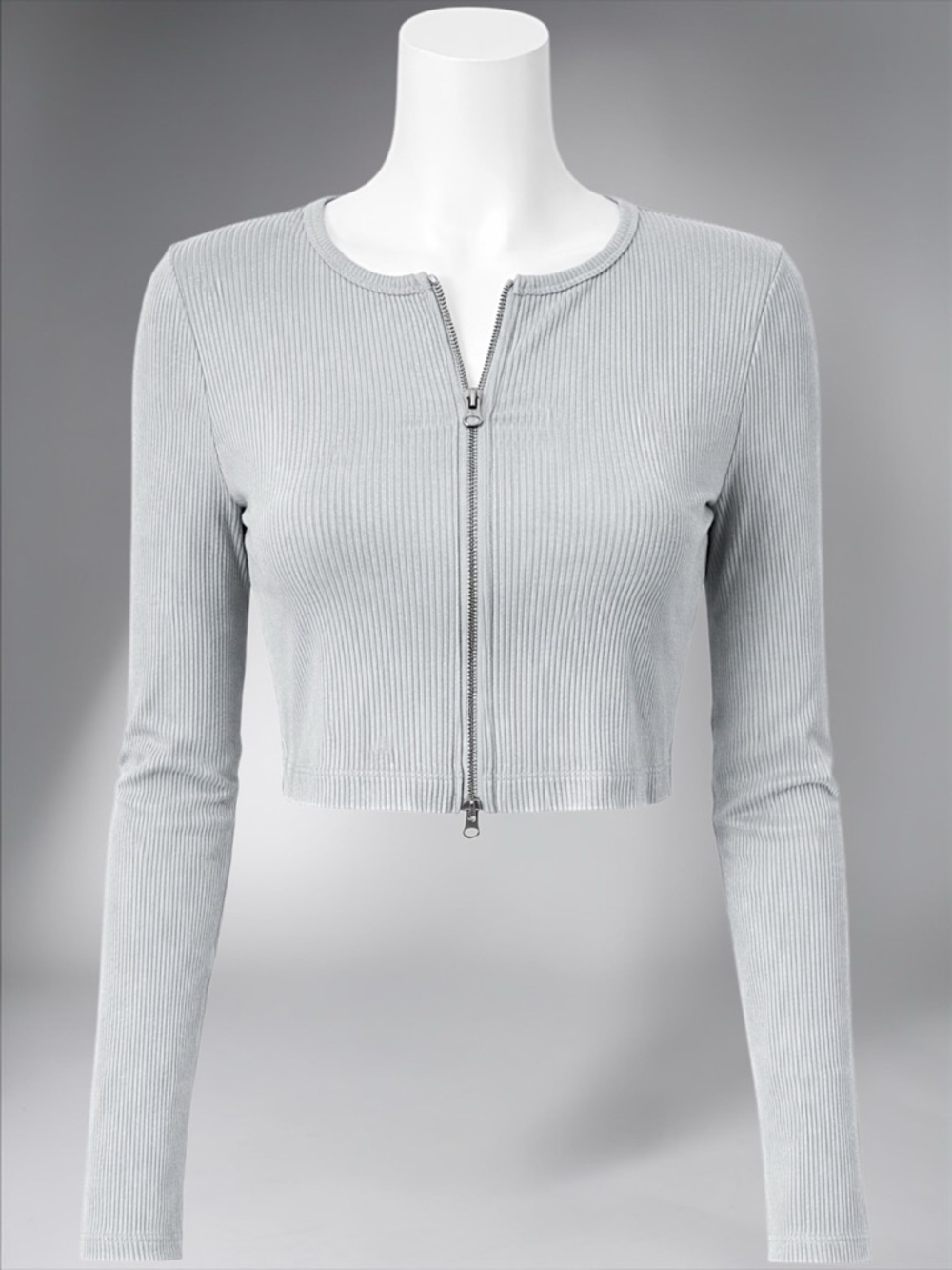 Cropped Ribbed Zip-front Top in Light Gray - Picture 12 of 14